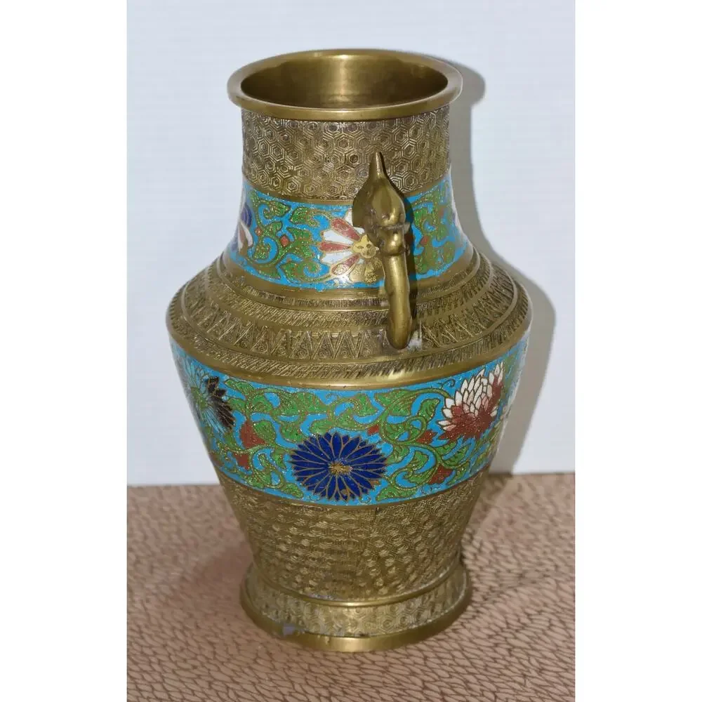 Japanese Brass Champlevé Cloisonné Urn-Form with Handles Converted Lamp Vase